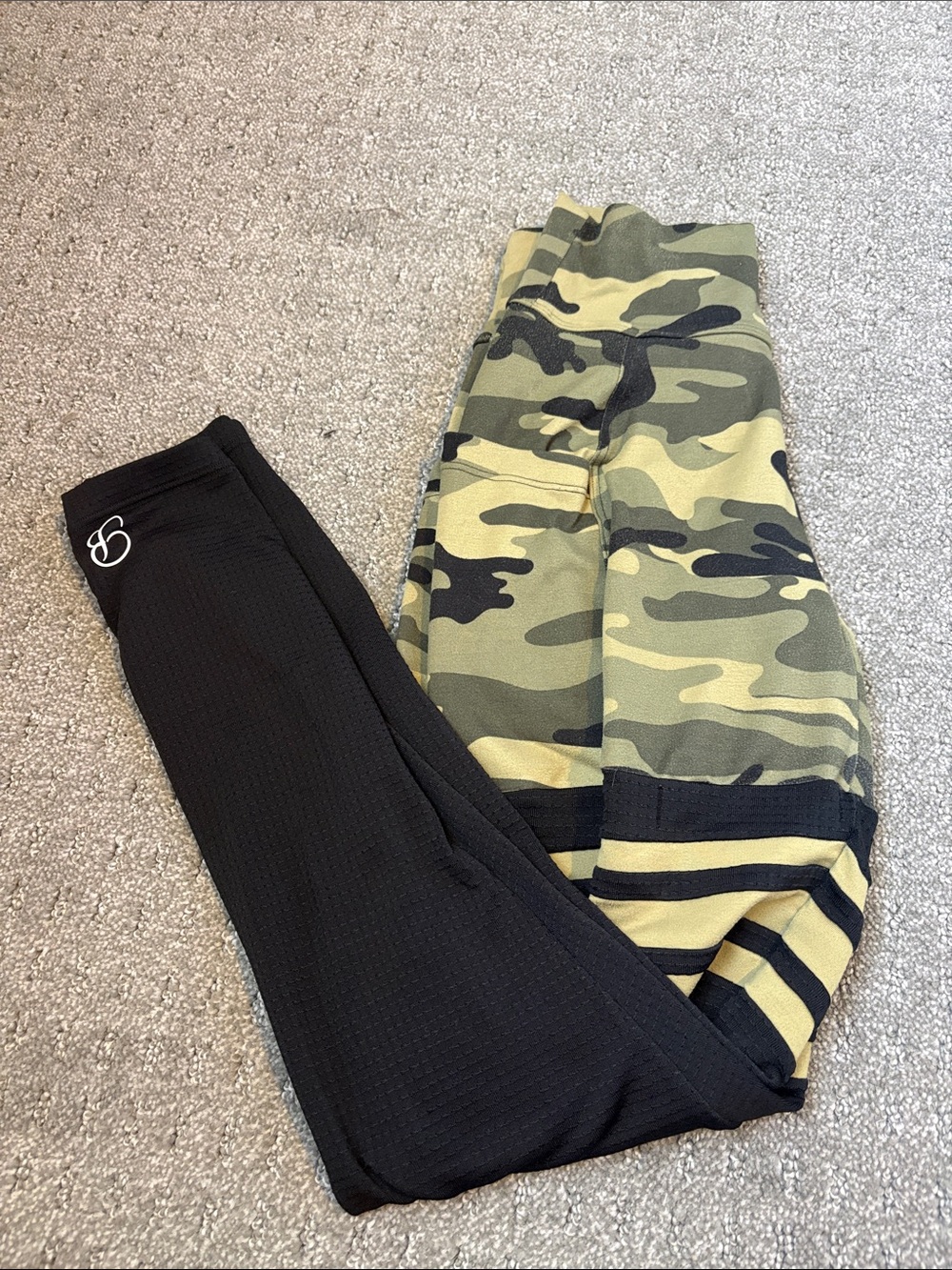 Bombshell Sportswear Black & Green Camo Leggings with Striped Trim